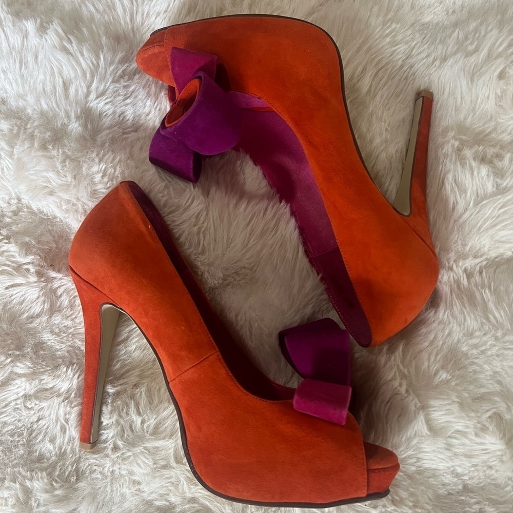 Jeffrey Campbell Orange Fuschia Purple Suede Bow Platform Heels 9.5 - Picture 7 of 12